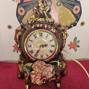 Vtg MCM Lanshire Ceramic Brown & Gold Mantle Clock WORKS